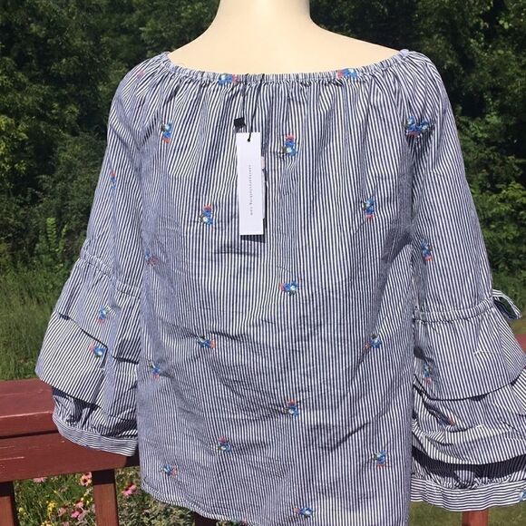 Sanctuary Blouse 3/4 bell sleeve ruffle stripes top embroidery black white Large - Picture 4 of 10